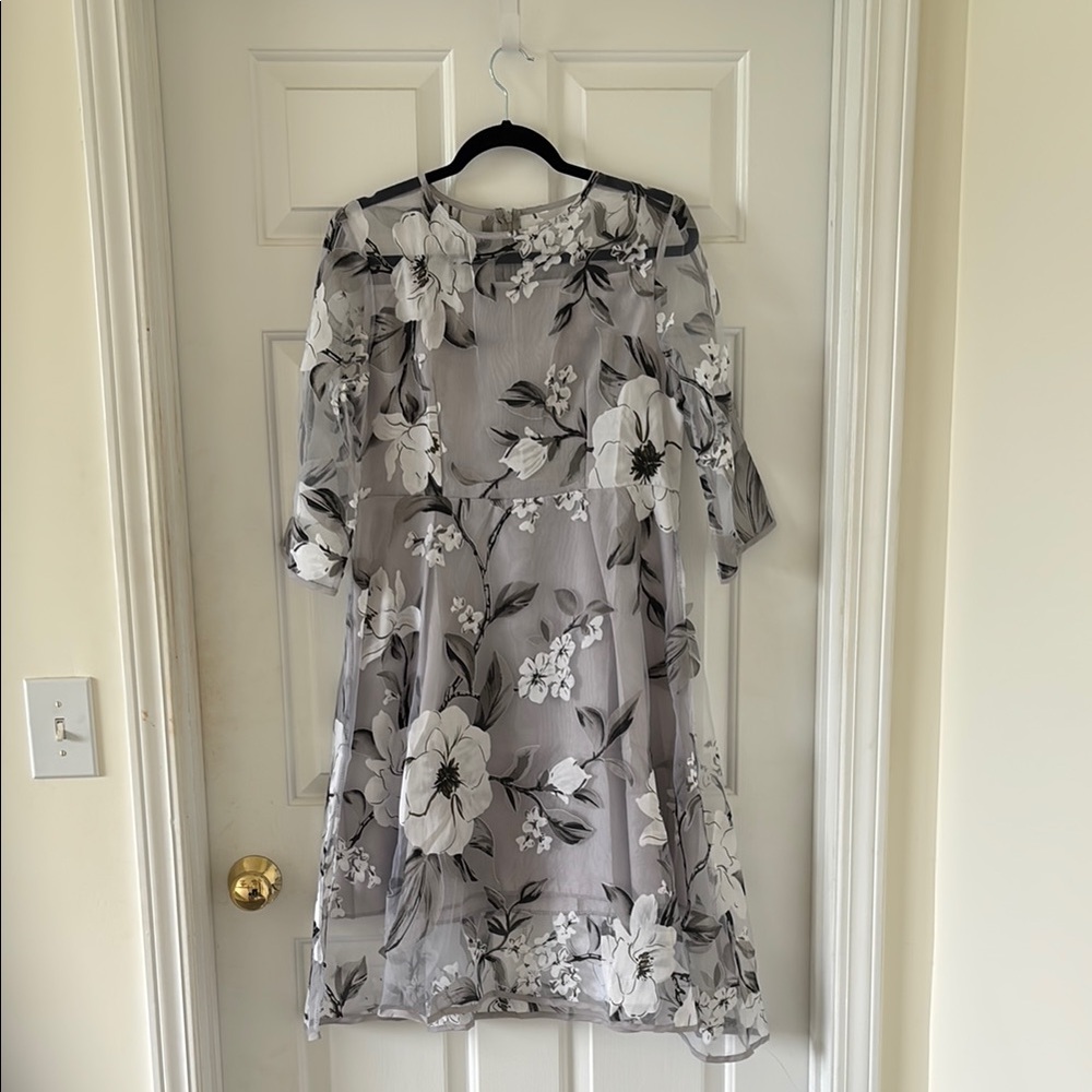 Gray and White Floral Dress with sheer overlay